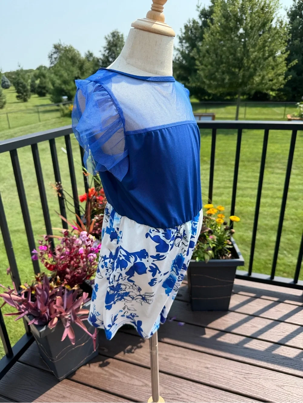 Girls Blue Floral Romper Size 9Y Sheer Ruffle Sleeve Summer Outfit